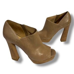Kenneth Cole Shop Sign Peep Toe Heels Tan Leather Platform Block Heel W 6.5